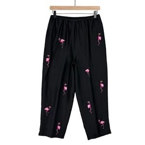 Quacker Factory Capris Womens Small Black High Rise Pull On Pants Silk Flamingos